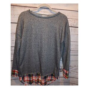 NEW Gray Knit Plaid Hem Layered Tunic Top Long Sleeve